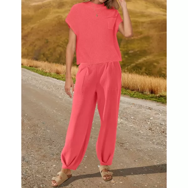 imageZESICA Womens 2 Piece Outfits Sweater Set Short Sleeve Mock Neck Knit Pullover Top High Waist Pant Tracksuit Lounge SetsWatermelon