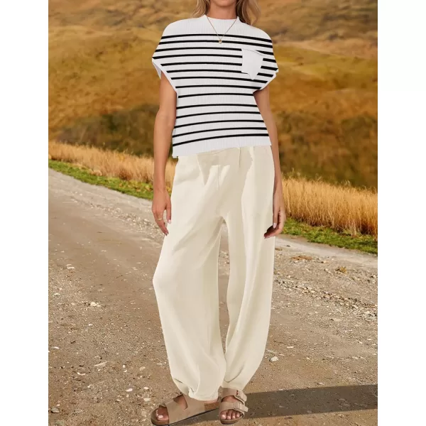 imageZESICA Womens 2 Piece Outfits Sweater Set Short Sleeve Mock Neck Knit Pullover Top High Waist Pant Tracksuit Lounge SetsWhite