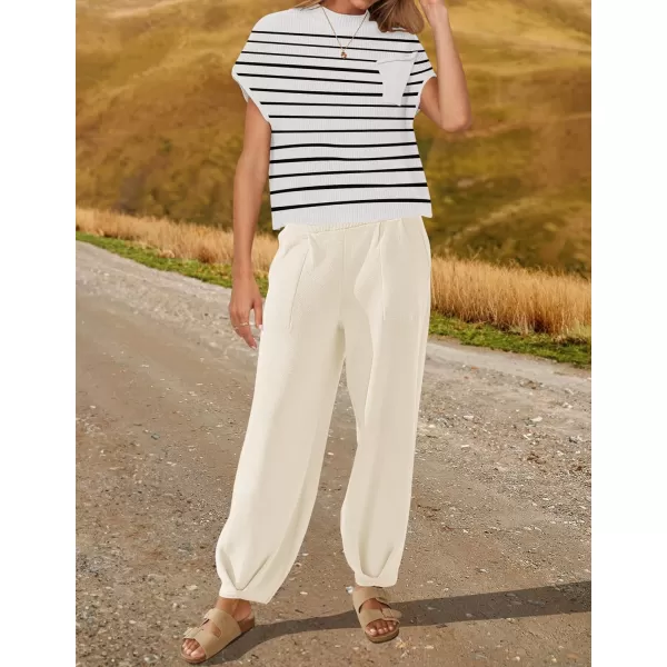 imageZESICA Womens 2 Piece Outfits Sweater Set Short Sleeve Mock Neck Knit Pullover Top High Waist Pant Tracksuit Lounge SetsWhite