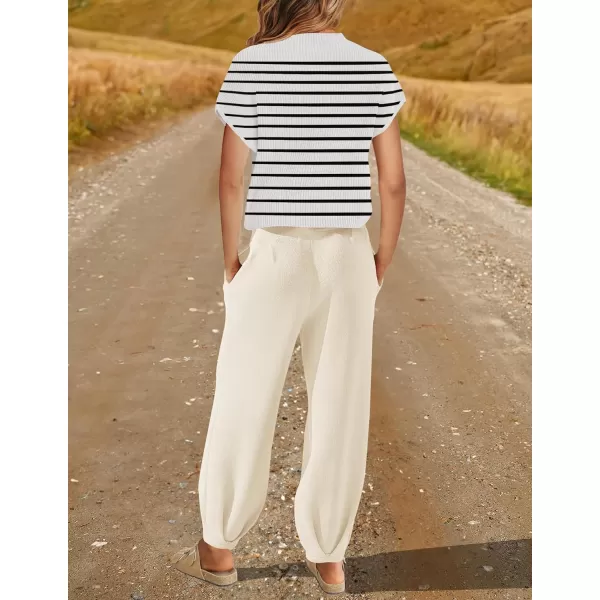 imageZESICA Womens 2 Piece Outfits Sweater Set Short Sleeve Mock Neck Knit Pullover Top High Waist Pant Tracksuit Lounge SetsWhite