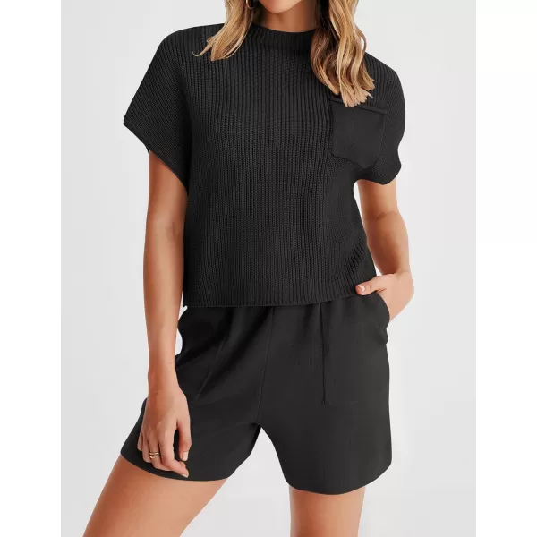 imageZESICA Womens 2 Piece Outfits Sweater Set Short Sleeve Mock Neck Knit Pullover Top and Shorts Tracksuit Lounge SetsBlack