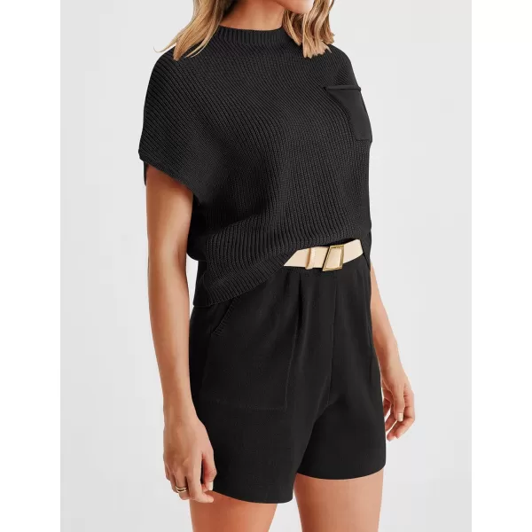 imageZESICA Womens 2 Piece Outfits Sweater Set Short Sleeve Mock Neck Knit Pullover Top and Shorts Tracksuit Lounge SetsBlack