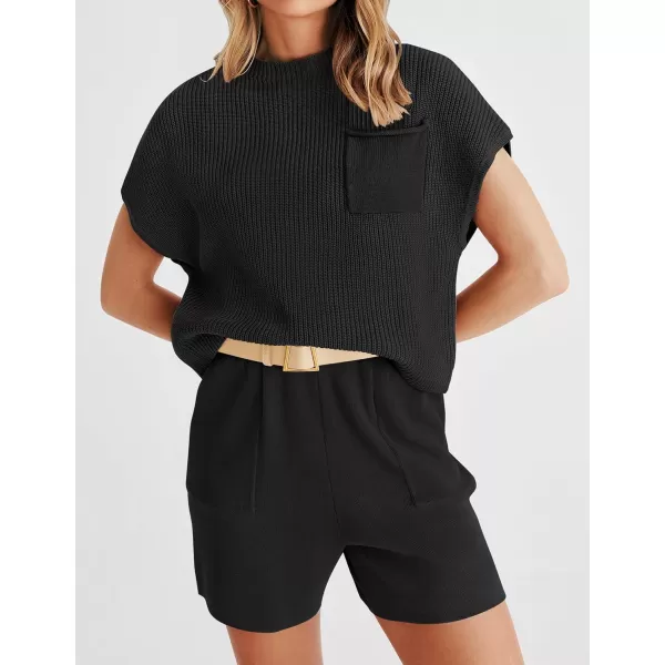 imageZESICA Womens 2 Piece Outfits Sweater Set Short Sleeve Mock Neck Knit Pullover Top and Shorts Tracksuit Lounge SetsBlack