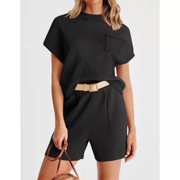 imageZESICA Womens 2 Piece Outfits Sweater Set Short Sleeve Mock Neck Knit Pullover Top and Shorts Tracksuit Lounge SetsBlack