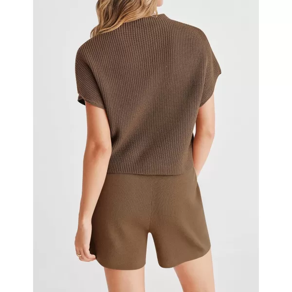 imageZESICA Womens 2 Piece Outfits Sweater Set Short Sleeve Mock Neck Knit Pullover Top and Shorts Tracksuit Lounge SetsCoffee