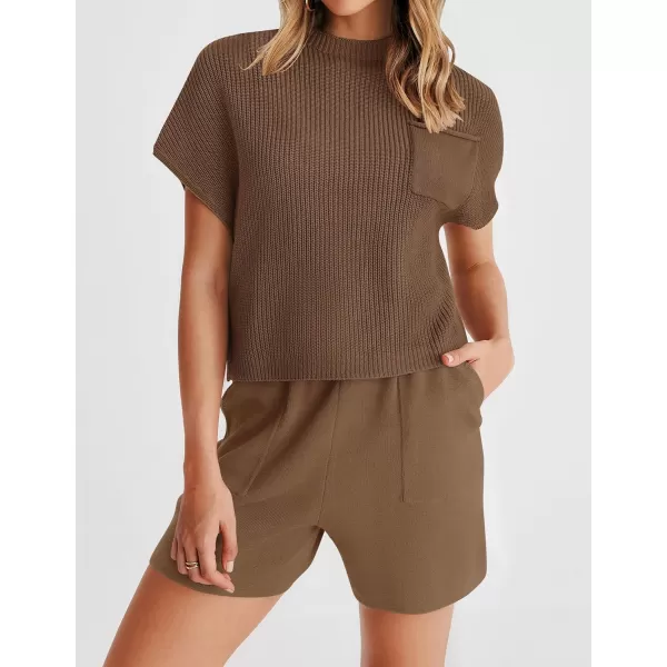 imageZESICA Womens 2 Piece Outfits Sweater Set Short Sleeve Mock Neck Knit Pullover Top and Shorts Tracksuit Lounge SetsCoffee