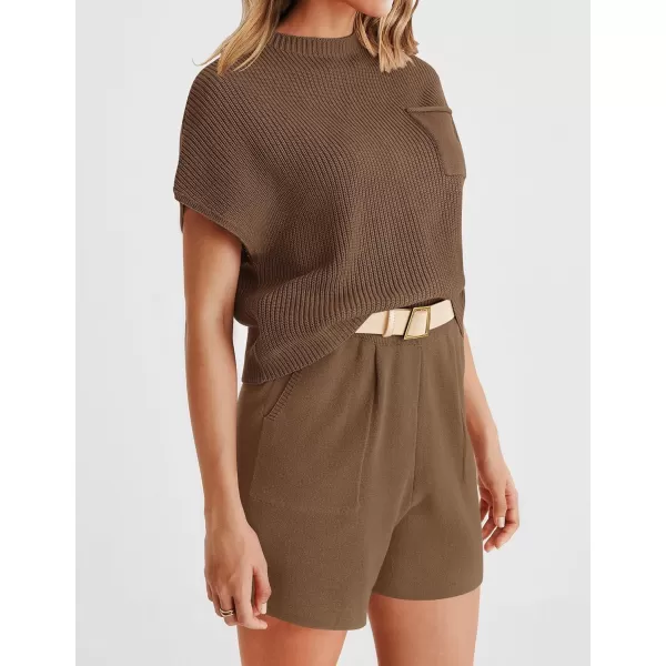 imageZESICA Womens 2 Piece Outfits Sweater Set Short Sleeve Mock Neck Knit Pullover Top and Shorts Tracksuit Lounge SetsCoffee