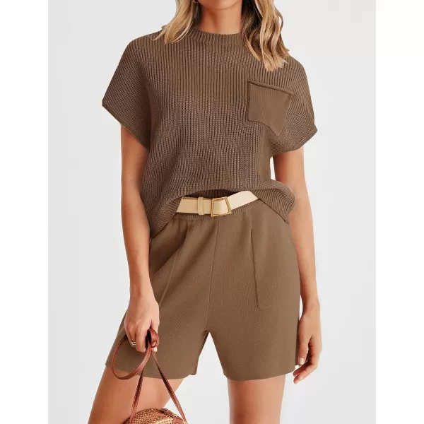 imageZESICA Womens 2 Piece Outfits Sweater Set Short Sleeve Mock Neck Knit Pullover Top and Shorts Tracksuit Lounge SetsCoffee