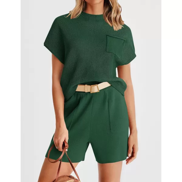 imageZESICA Womens 2 Piece Outfits Sweater Set Short Sleeve Mock Neck Knit Pullover Top and Shorts Tracksuit Lounge SetsDarkgreen