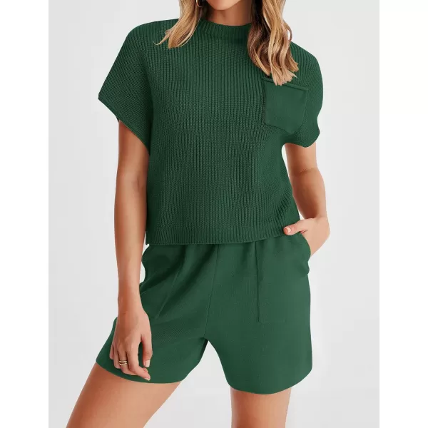 imageZESICA Womens 2 Piece Outfits Sweater Set Short Sleeve Mock Neck Knit Pullover Top and Shorts Tracksuit Lounge SetsDarkgreen