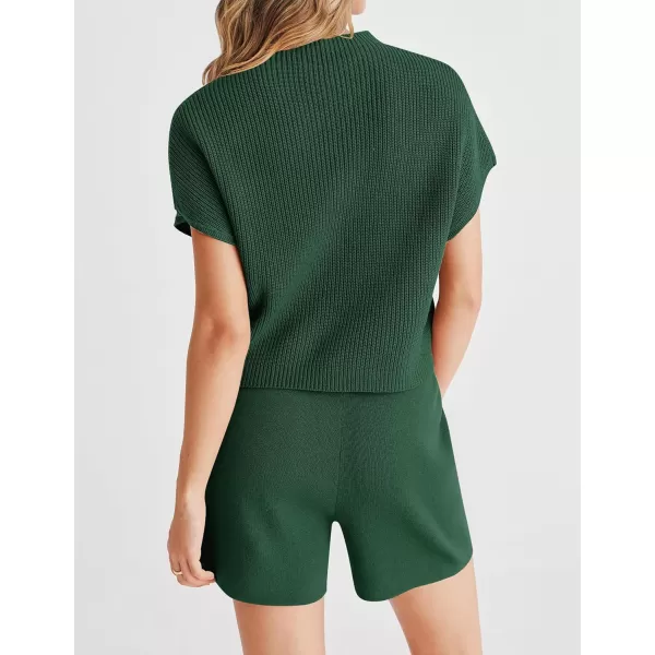 imageZESICA Womens 2 Piece Outfits Sweater Set Short Sleeve Mock Neck Knit Pullover Top and Shorts Tracksuit Lounge SetsDarkgreen