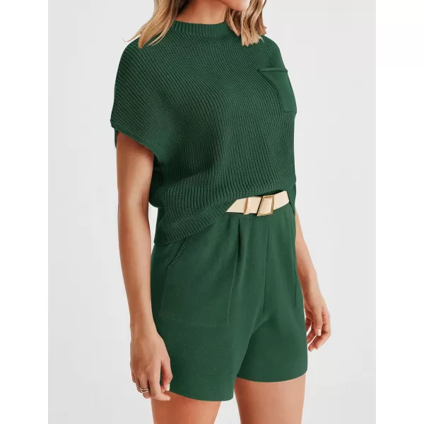 imageZESICA Womens 2 Piece Outfits Sweater Set Short Sleeve Mock Neck Knit Pullover Top and Shorts Tracksuit Lounge SetsDarkgreen