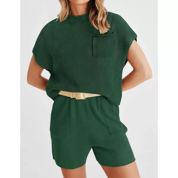 imageZESICA Womens 2 Piece Outfits Sweater Set Short Sleeve Mock Neck Knit Pullover Top and Shorts Tracksuit Lounge SetsDarkgreen