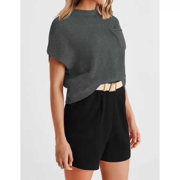 imageZESICA Womens 2 Piece Outfits Sweater Set Short Sleeve Mock Neck Knit Pullover Top and Shorts Tracksuit Lounge SetsDarkgrey