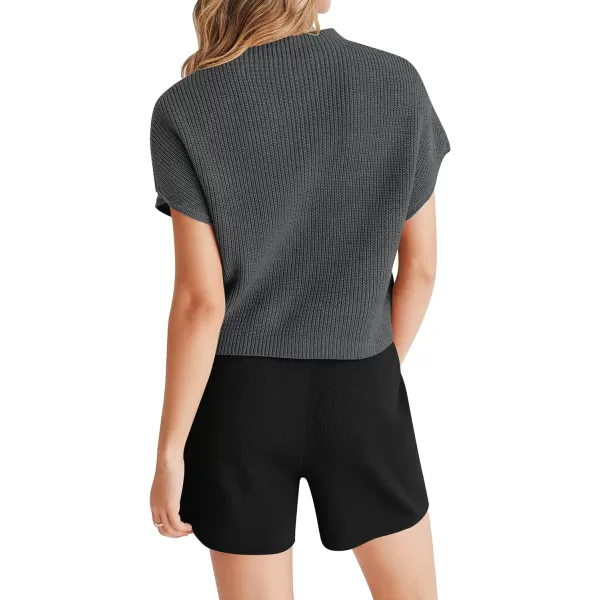 imageZESICA Womens 2 Piece Outfits Sweater Set Short Sleeve Mock Neck Knit Pullover Top and Shorts Tracksuit Lounge SetsDarkgrey