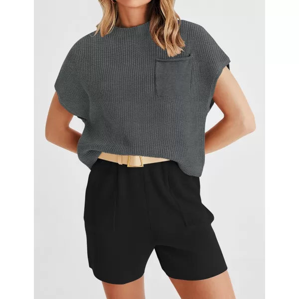 imageZESICA Womens 2 Piece Outfits Sweater Set Short Sleeve Mock Neck Knit Pullover Top and Shorts Tracksuit Lounge SetsDarkgrey