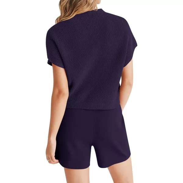 imageZESICA Womens 2 Piece Outfits Sweater Set Short Sleeve Mock Neck Knit Pullover Top and Shorts Tracksuit Lounge SetsDarkpurple