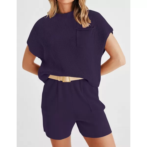 imageZESICA Womens 2 Piece Outfits Sweater Set Short Sleeve Mock Neck Knit Pullover Top and Shorts Tracksuit Lounge SetsDarkpurple