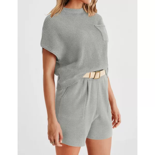 imageZESICA Womens 2 Piece Outfits Sweater Set Short Sleeve Mock Neck Knit Pullover Top and Shorts Tracksuit Lounge SetsGrey