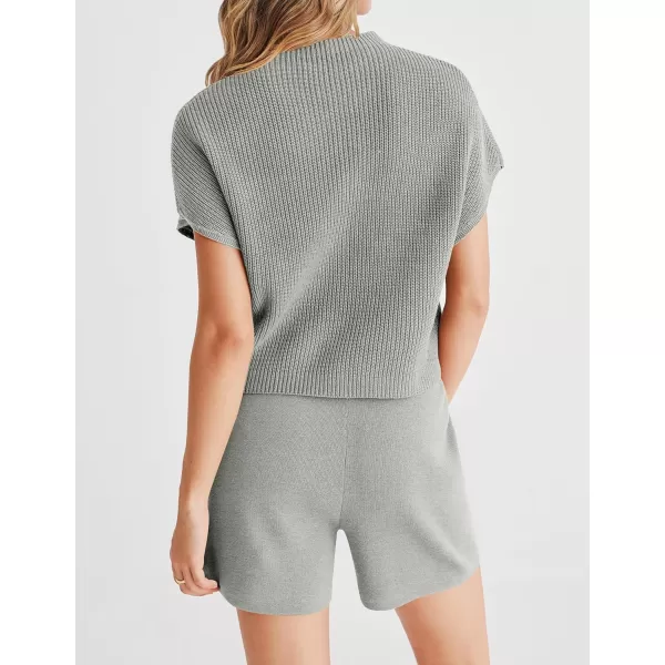 imageZESICA Womens 2 Piece Outfits Sweater Set Short Sleeve Mock Neck Knit Pullover Top and Shorts Tracksuit Lounge SetsGrey