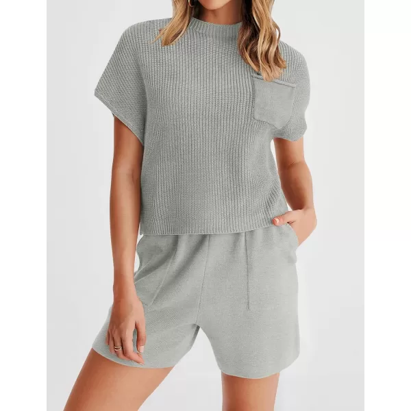 imageZESICA Womens 2 Piece Outfits Sweater Set Short Sleeve Mock Neck Knit Pullover Top and Shorts Tracksuit Lounge SetsGrey