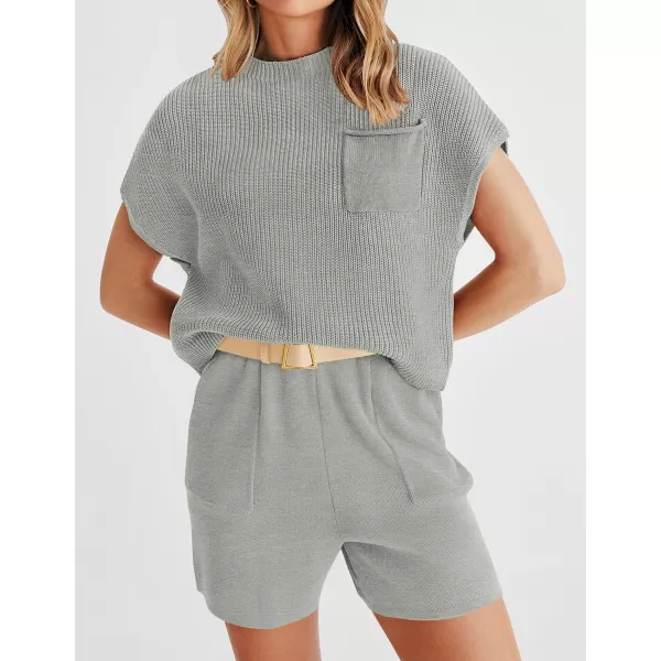 imageZESICA Womens 2 Piece Outfits Sweater Set Short Sleeve Mock Neck Knit Pullover Top and Shorts Tracksuit Lounge SetsGrey