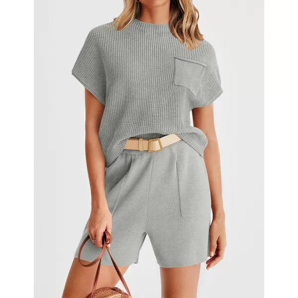 imageZESICA Womens 2 Piece Outfits Sweater Set Short Sleeve Mock Neck Knit Pullover Top and Shorts Tracksuit Lounge SetsGrey