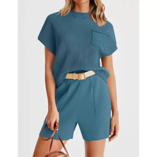 imageZESICA Womens 2 Piece Outfits Sweater Set Short Sleeve Mock Neck Knit Pullover Top and Shorts Tracksuit Lounge SetsGreyblue