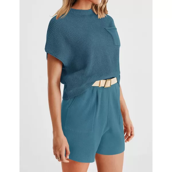 imageZESICA Womens 2 Piece Outfits Sweater Set Short Sleeve Mock Neck Knit Pullover Top and Shorts Tracksuit Lounge SetsGreyblue