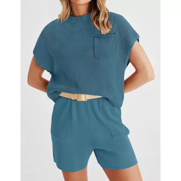 imageZESICA Womens 2 Piece Outfits Sweater Set Short Sleeve Mock Neck Knit Pullover Top and Shorts Tracksuit Lounge SetsGreyblue