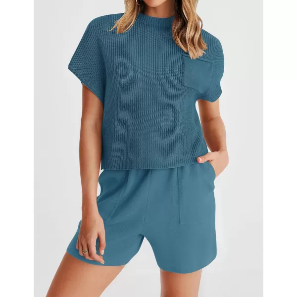 imageZESICA Womens 2 Piece Outfits Sweater Set Short Sleeve Mock Neck Knit Pullover Top and Shorts Tracksuit Lounge SetsGreyblue