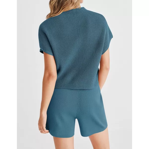 imageZESICA Womens 2 Piece Outfits Sweater Set Short Sleeve Mock Neck Knit Pullover Top and Shorts Tracksuit Lounge SetsGreyblue