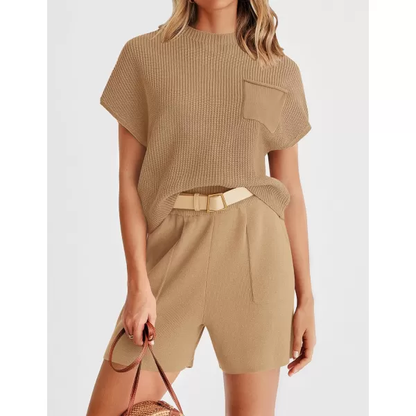imageZESICA Womens 2 Piece Outfits Sweater Set Short Sleeve Mock Neck Knit Pullover Top and Shorts Tracksuit Lounge SetsKhaki