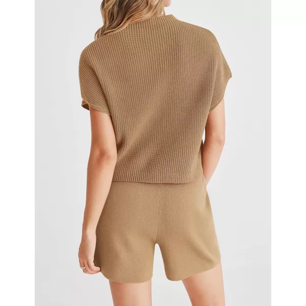 imageZESICA Womens 2 Piece Outfits Sweater Set Short Sleeve Mock Neck Knit Pullover Top and Shorts Tracksuit Lounge SetsKhaki