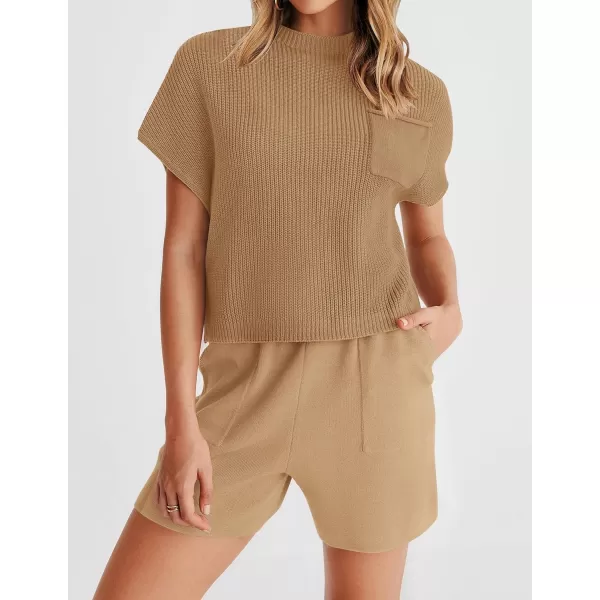 imageZESICA Womens 2 Piece Outfits Sweater Set Short Sleeve Mock Neck Knit Pullover Top and Shorts Tracksuit Lounge SetsKhaki