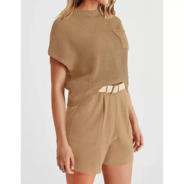 imageZESICA Womens 2 Piece Outfits Sweater Set Short Sleeve Mock Neck Knit Pullover Top and Shorts Tracksuit Lounge SetsKhaki