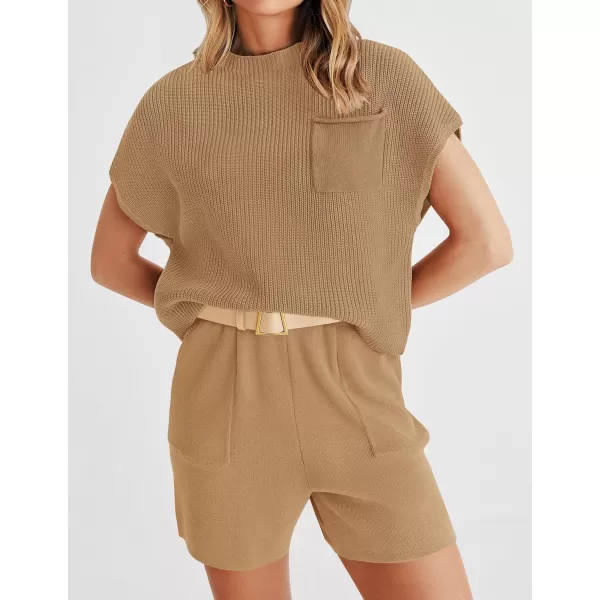 imageZESICA Womens 2 Piece Outfits Sweater Set Short Sleeve Mock Neck Knit Pullover Top and Shorts Tracksuit Lounge SetsKhaki