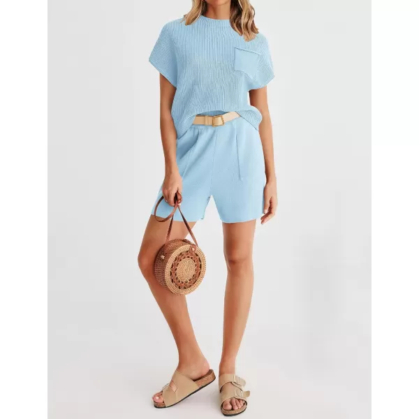 imageZESICA Womens 2 Piece Outfits Sweater Set Short Sleeve Mock Neck Knit Pullover Top and Shorts Tracksuit Lounge SetsLightblue