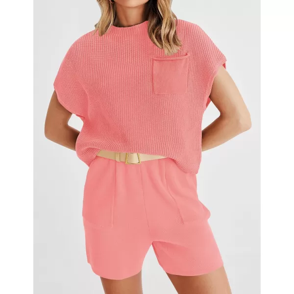 imageZESICA Womens 2 Piece Outfits Sweater Set Short Sleeve Mock Neck Knit Pullover Top and Shorts Tracksuit Lounge SetsPink