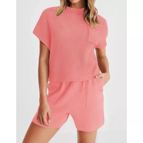 imageZESICA Womens 2 Piece Outfits Sweater Set Short Sleeve Mock Neck Knit Pullover Top and Shorts Tracksuit Lounge SetsPink