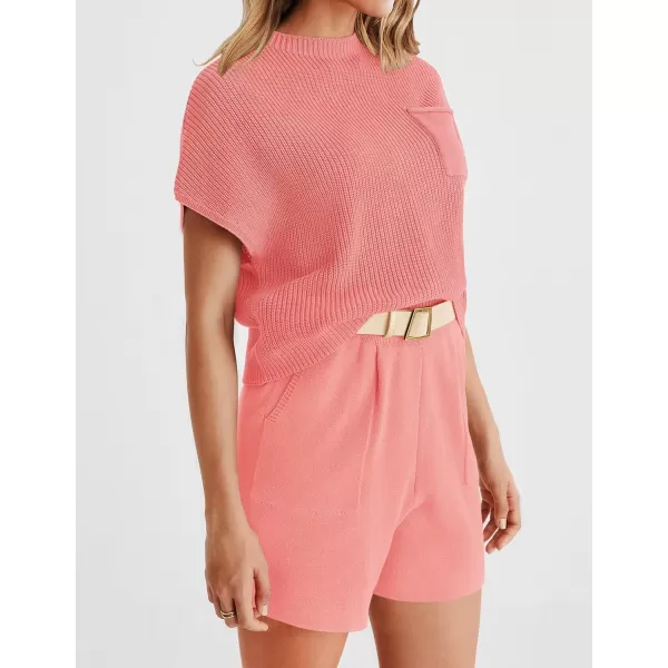 imageZESICA Womens 2 Piece Outfits Sweater Set Short Sleeve Mock Neck Knit Pullover Top and Shorts Tracksuit Lounge SetsPink