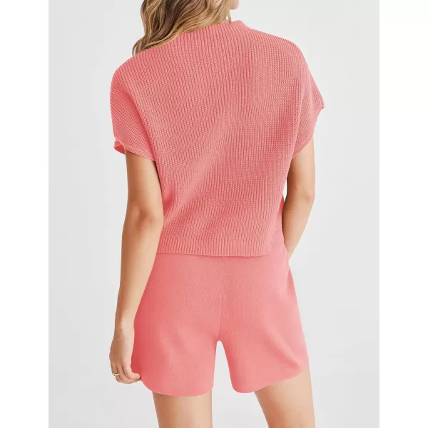 imageZESICA Womens 2 Piece Outfits Sweater Set Short Sleeve Mock Neck Knit Pullover Top and Shorts Tracksuit Lounge SetsPink