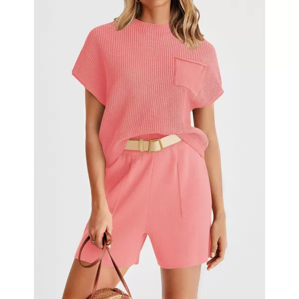 imageZESICA Womens 2 Piece Outfits Sweater Set Short Sleeve Mock Neck Knit Pullover Top and Shorts Tracksuit Lounge SetsPink
