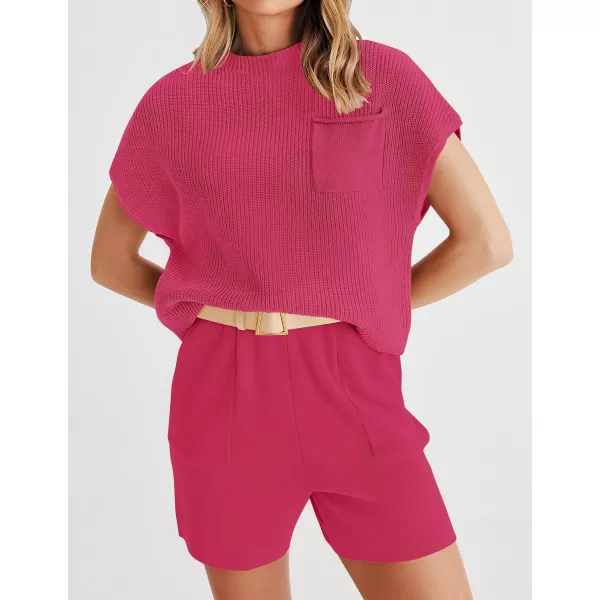 imageZESICA Womens 2 Piece Outfits Sweater Set Short Sleeve Mock Neck Knit Pullover Top and Shorts Tracksuit Lounge SetsRose