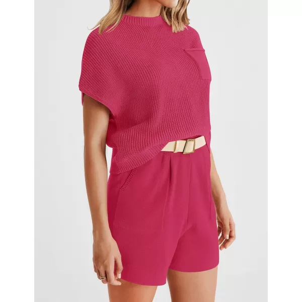 imageZESICA Womens 2 Piece Outfits Sweater Set Short Sleeve Mock Neck Knit Pullover Top and Shorts Tracksuit Lounge SetsRose