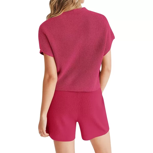 imageZESICA Womens 2 Piece Outfits Sweater Set Short Sleeve Mock Neck Knit Pullover Top and Shorts Tracksuit Lounge SetsRose