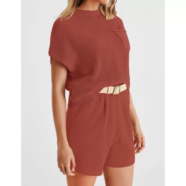 imageZESICA Womens 2 Piece Outfits Sweater Set Short Sleeve Mock Neck Knit Pullover Top and Shorts Tracksuit Lounge SetsRust