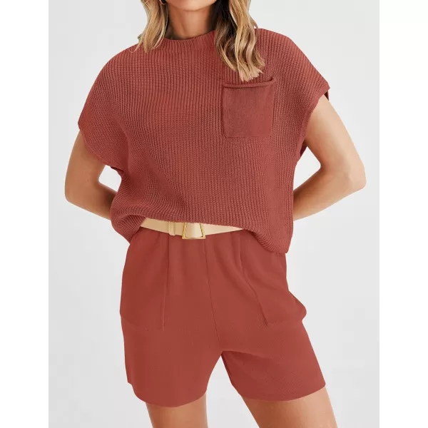 imageZESICA Womens 2 Piece Outfits Sweater Set Short Sleeve Mock Neck Knit Pullover Top and Shorts Tracksuit Lounge SetsRust