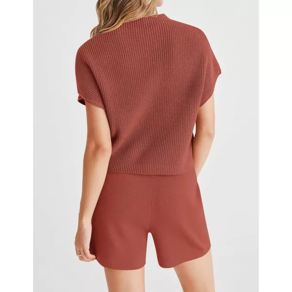 imageZESICA Womens 2 Piece Outfits Sweater Set Short Sleeve Mock Neck Knit Pullover Top and Shorts Tracksuit Lounge SetsRust