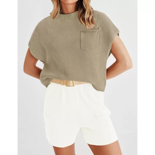 imageZESICA Womens 2 Piece Outfits Sweater Set Short Sleeve Mock Neck Knit Pullover Top and Shorts Tracksuit Lounge SetsSand